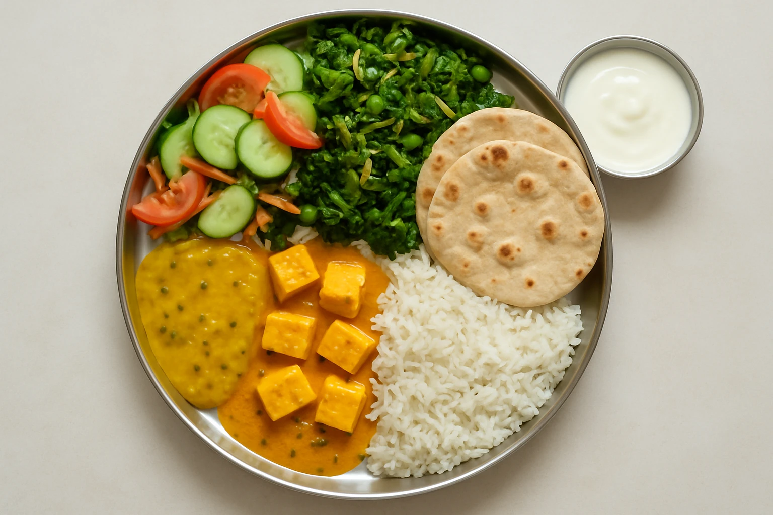 Overhead view of a balanced Indian thali portioned for a calorie deficit: half vegetables, quarter dal and paneer, quarter rice and phulkas, with curd on the side