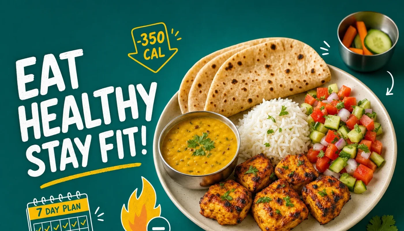 Balanced Indian thali with dal, roti, sabzi, and curd portioned for a calorie deficit, representing a beginner-friendly Indian weight loss plate