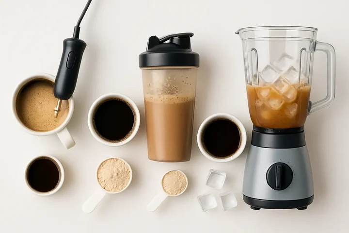 Different blending techniques for protein coffee showing immersion blender, shaker bottle, and regular blender methods