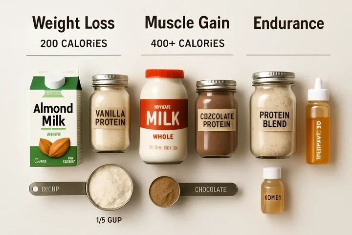 Protein coffee customization for different goals showing weight loss, muscle gain, and endurance setups