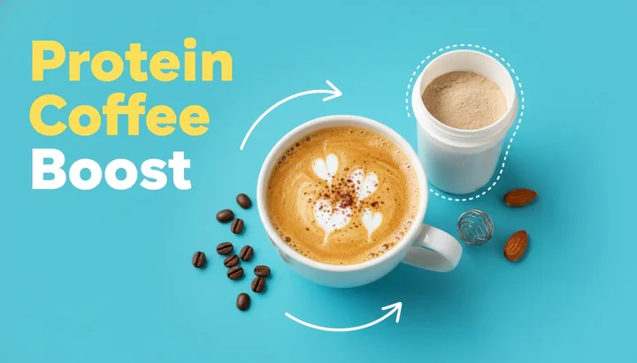 Steaming cup of protein coffee with protein powder beside it, representing the perfect combination of energy and nutrition