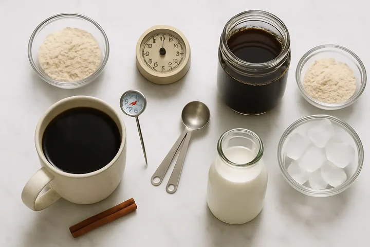 Hot vs cold protein coffee preparation methods with ingredients and temperature tools