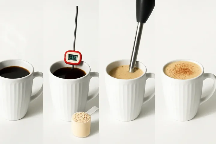 Step-by-step visual guide showing the perfect hot protein coffee method in 4 stages