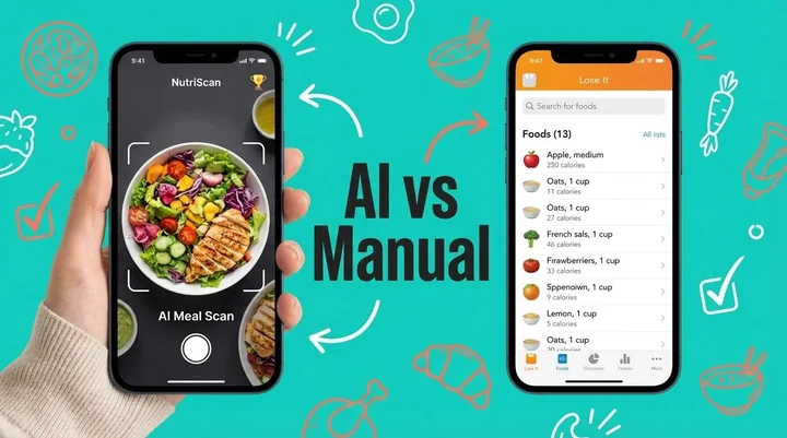 AI फूड ट्रैकिंग app और पारंपरिक कैलोरी काउंटिंग app की साथ-साथ तुलना, जिसमें मील स्कैनिंग टेक्नोलॉजी दिख रही है