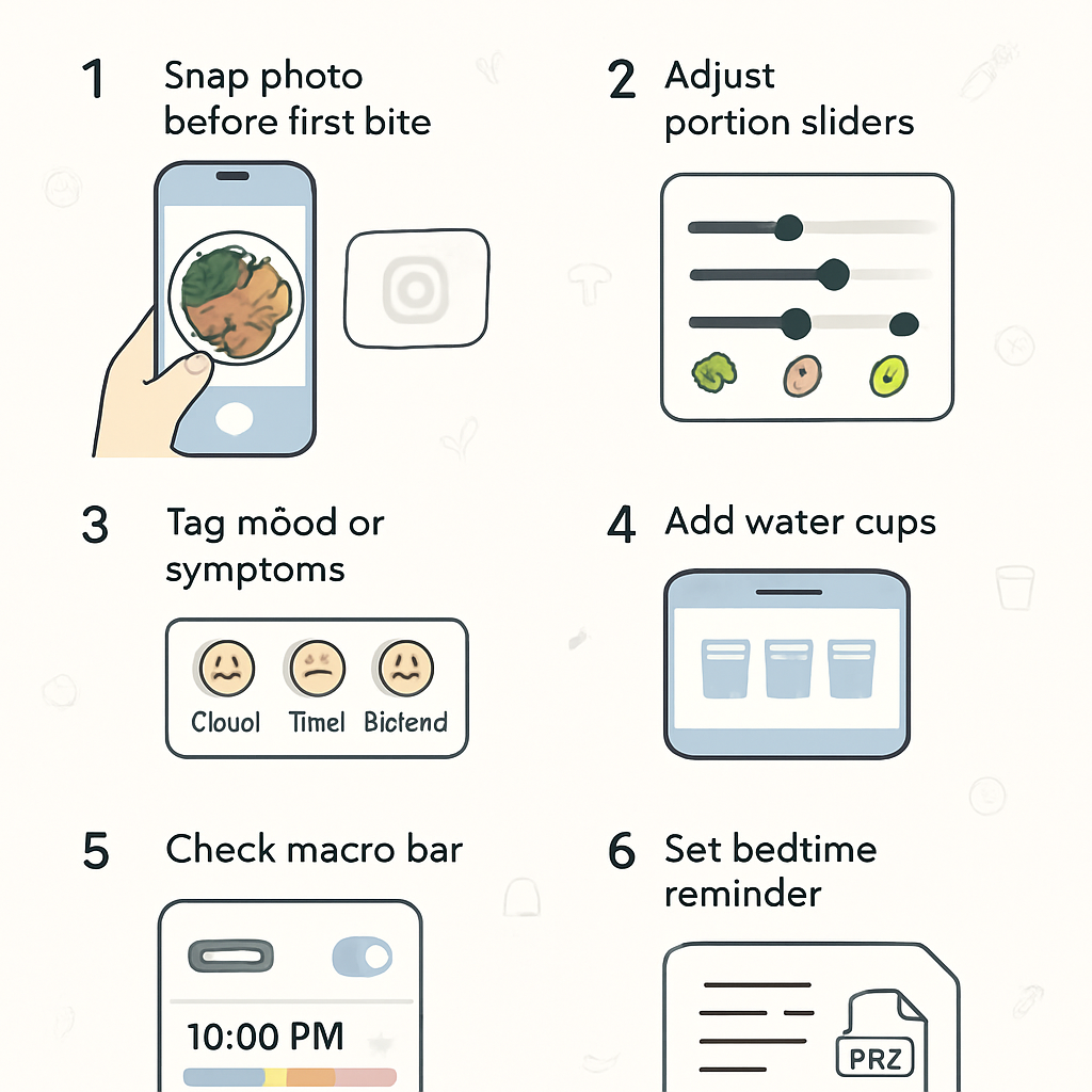 Step-by-step visual guide showing daily food logging process