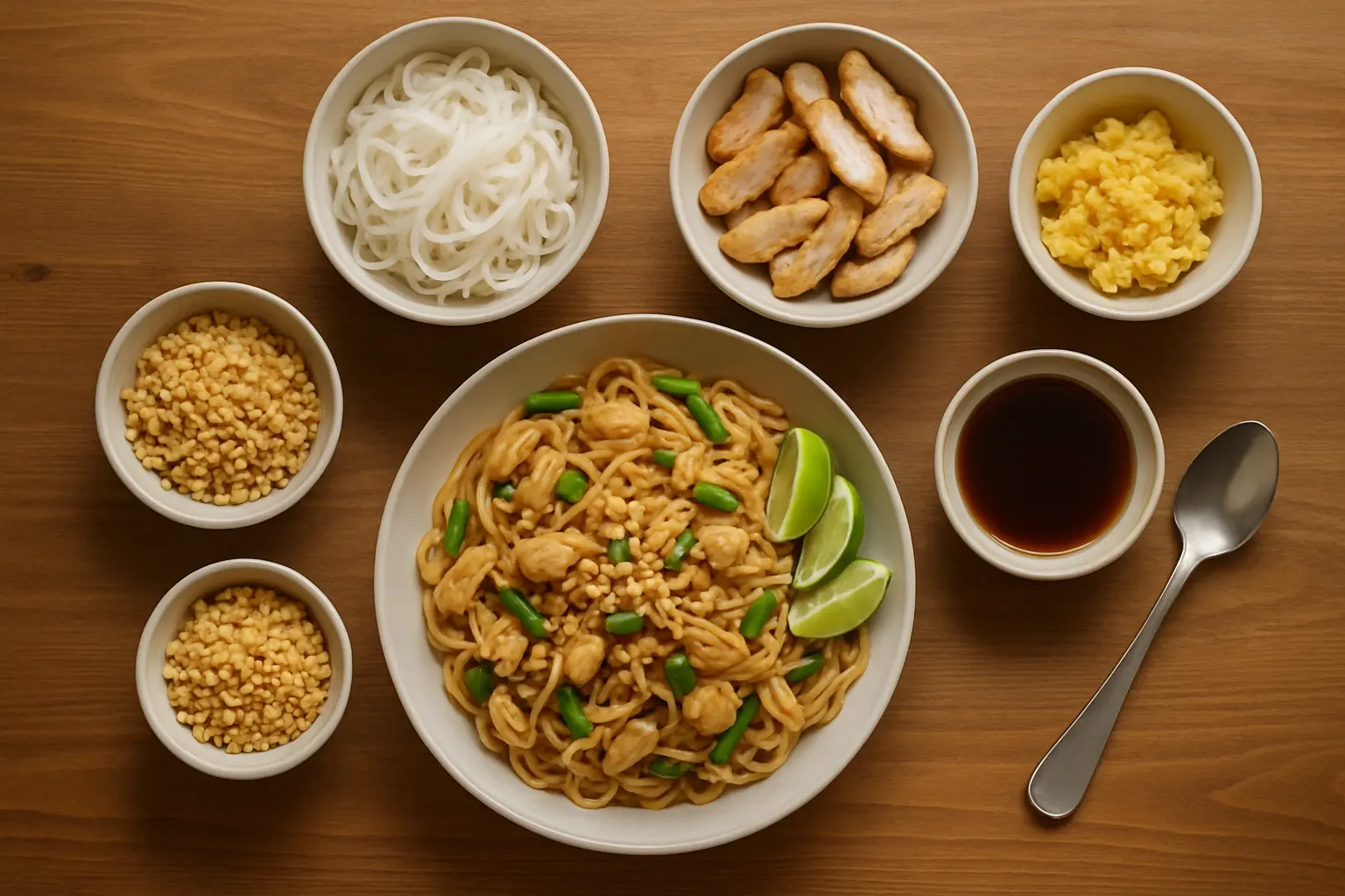 A noodle stir fry on a restaurant table surrounded by its separate parts in small bowls: cooked noodles, sliced chicken, egg, crushed peanuts and a dish of glossy sauce with a tablespoon