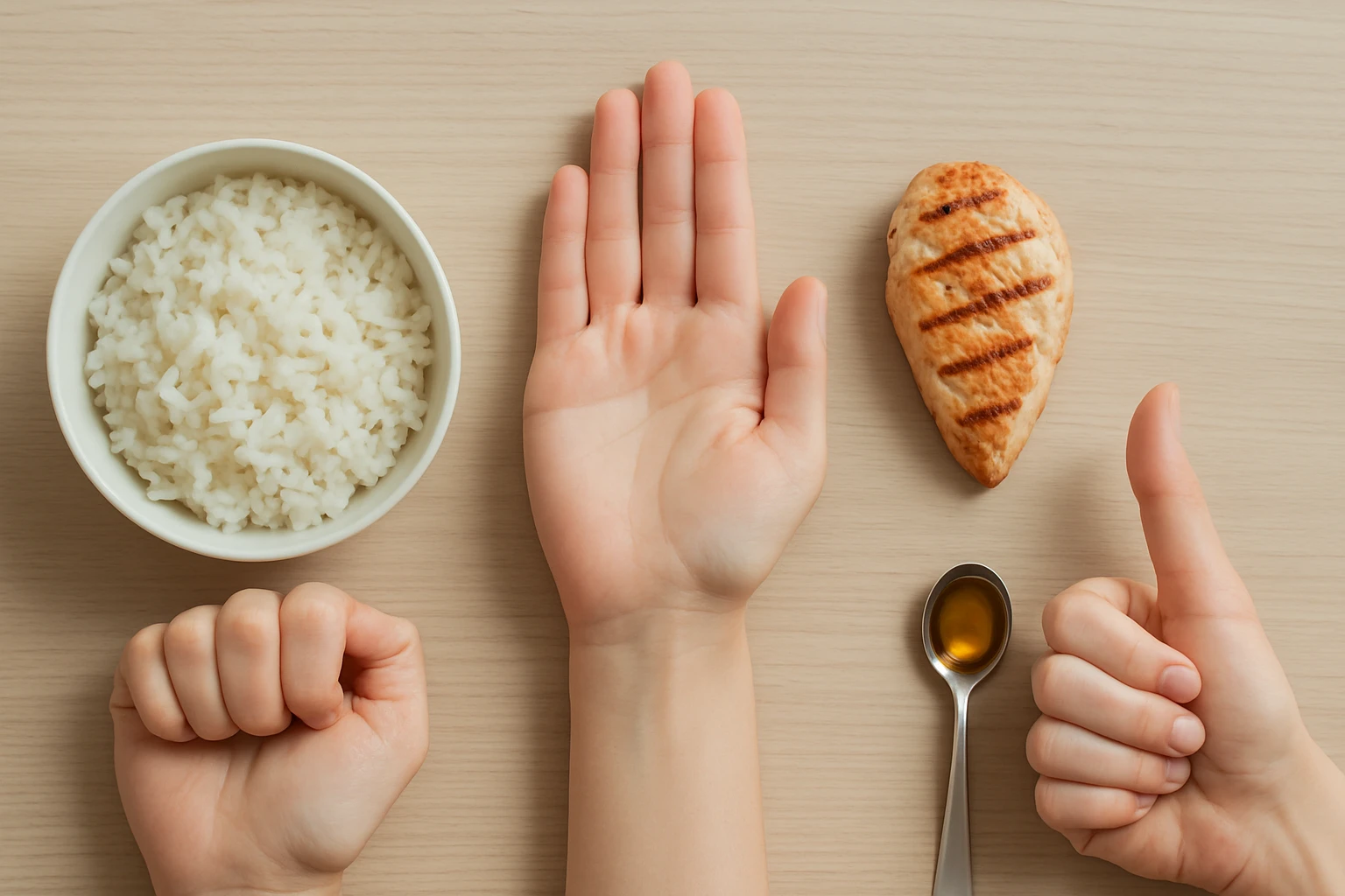 Hand portion measures on a wooden table next to real food: a closed fist beside cooked rice, an open palm beside a grilled chicken breast, and a thumb beside a spoon of oil