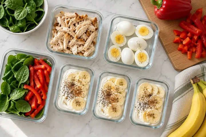 Glass meal prep containers of shredded chicken, hard-boiled eggs, Greek yogurt with banana, spinach and red bell pepper on a kitchen counter