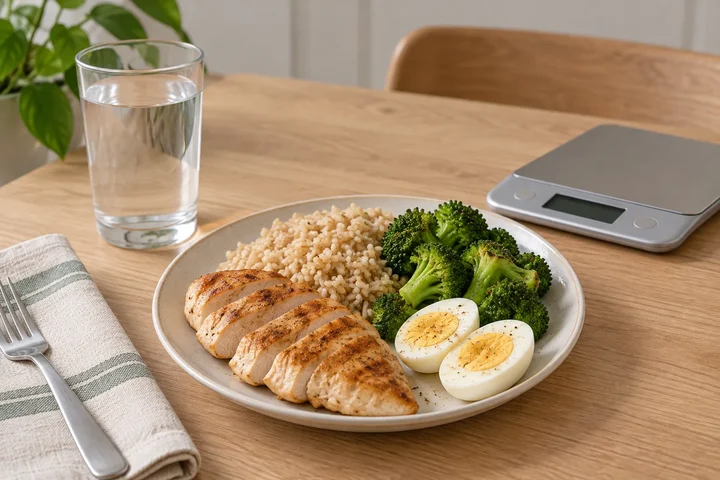 Plate of sliced grilled chicken, brown rice, broccoli and a halved boiled egg beside a glass of water and a kitchen scale