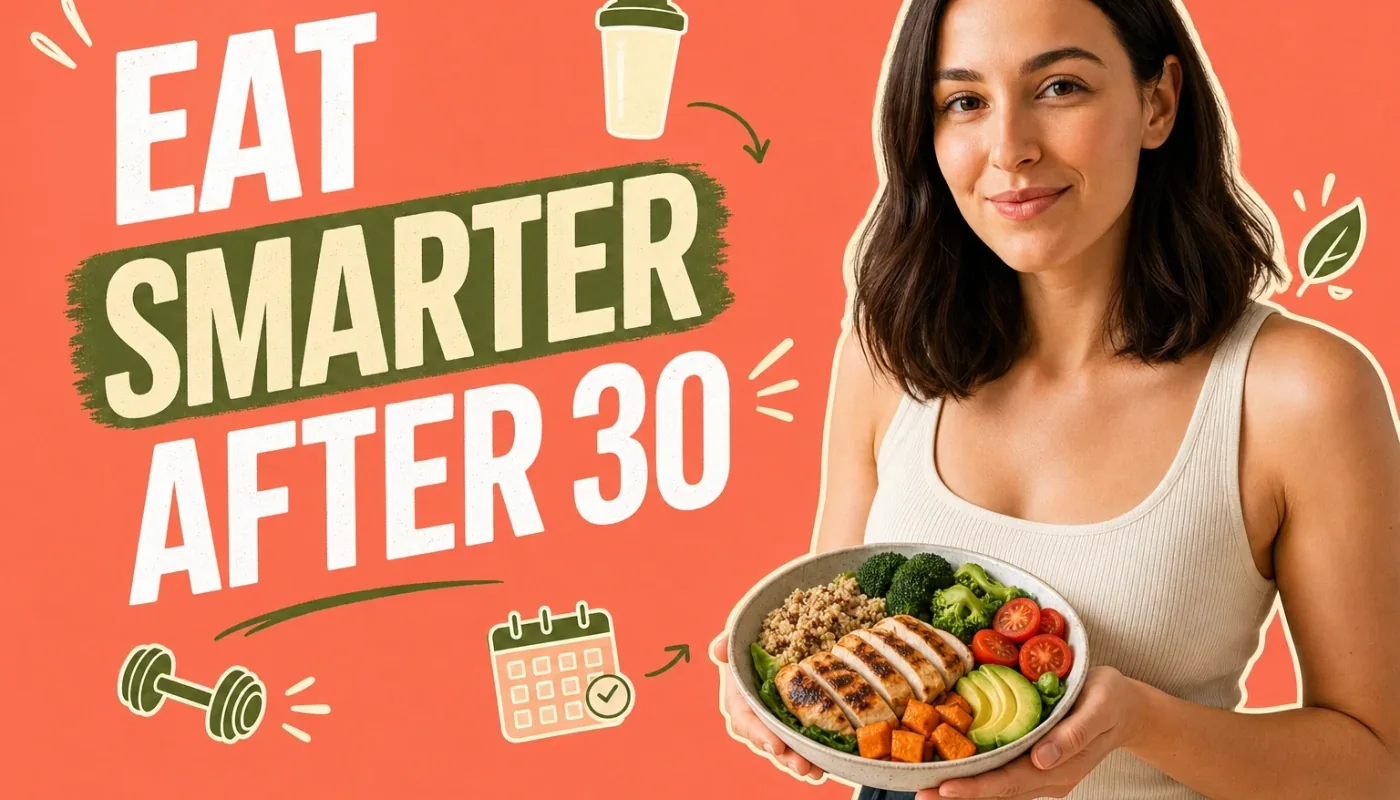 Healthy woman in her 30s meal prepping with a colorful balanced plate in a bright modern kitchen