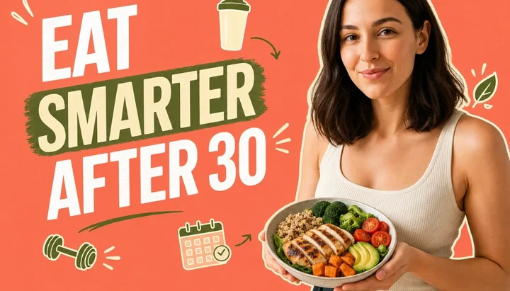 Healthy woman in her 30s meal prepping with a colorful balanced plate in a bright modern kitchen
