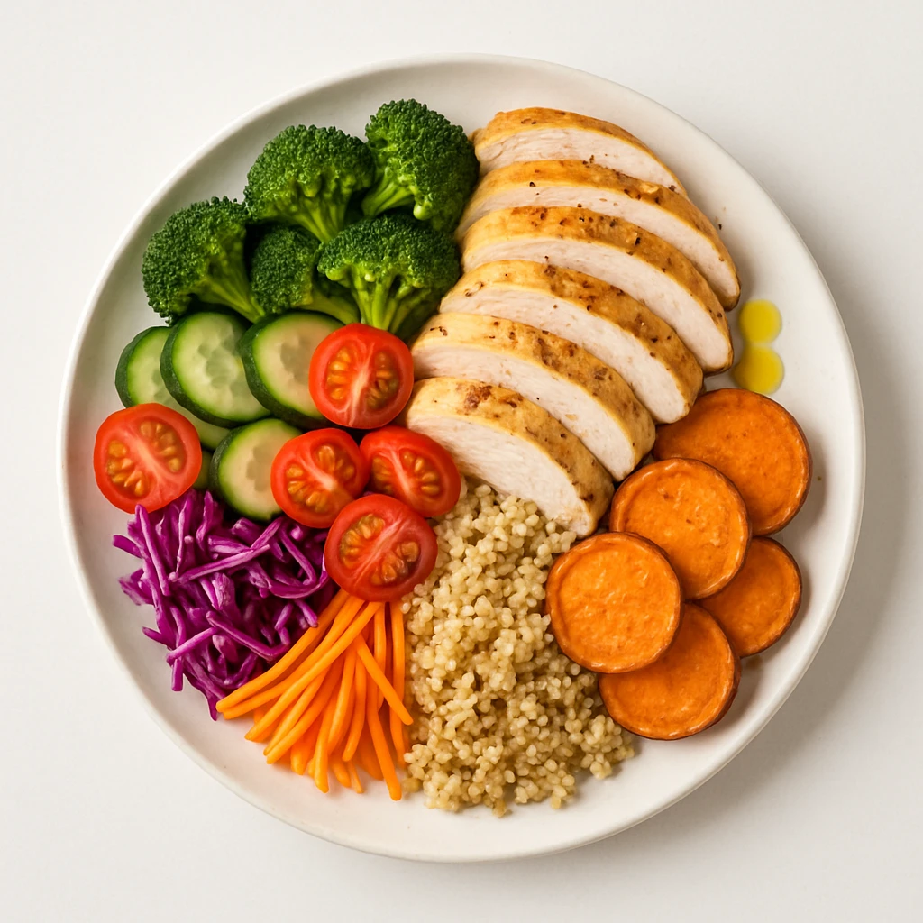 Top-down view of a perfectly balanced meal plate divided into sections, half colorful vegetables, quarter lean protein, quarter grains, olive oil drizzle