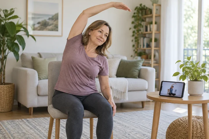 Woman in her late forties doing a seated side stretch in a bright living room while a workout video plays on a phone