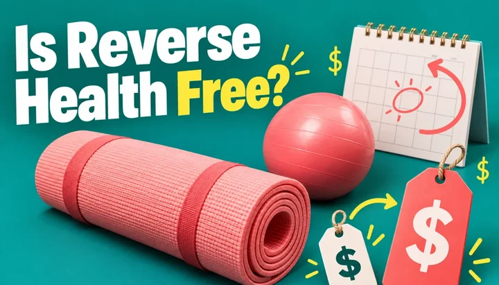 Is Reverse Health free? A rolled exercise mat, a pilates ball, a small and a large price tag and a calendar with a looping renewal arrow