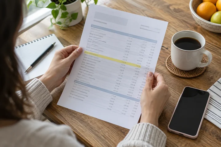 Hands holding a bank statement with one charge highlighted in yellow, next to a phone and a cup of coffee