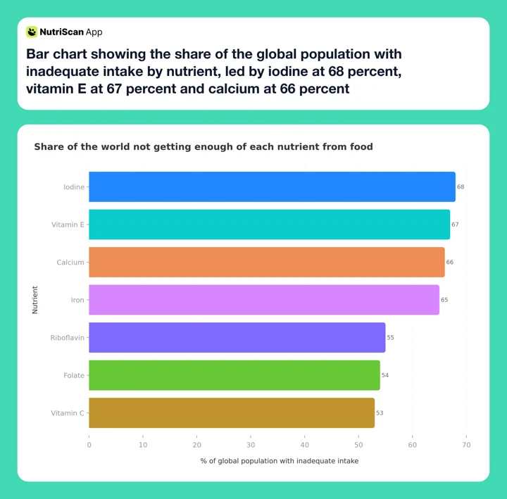 Bar chart showing the share of the global population with inadequate intake by nutrient, led by iodine at 68 percent, vitamin E at 67 percent and calcium at 66 percent