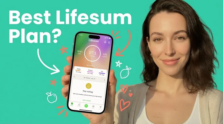 Smartphone showing Lifesum app pricing plans on a clean desk with healthy food and notebook