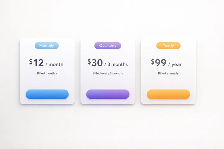 Different subscription plan cards arranged on a desk showing pricing tiers for nutrition apps