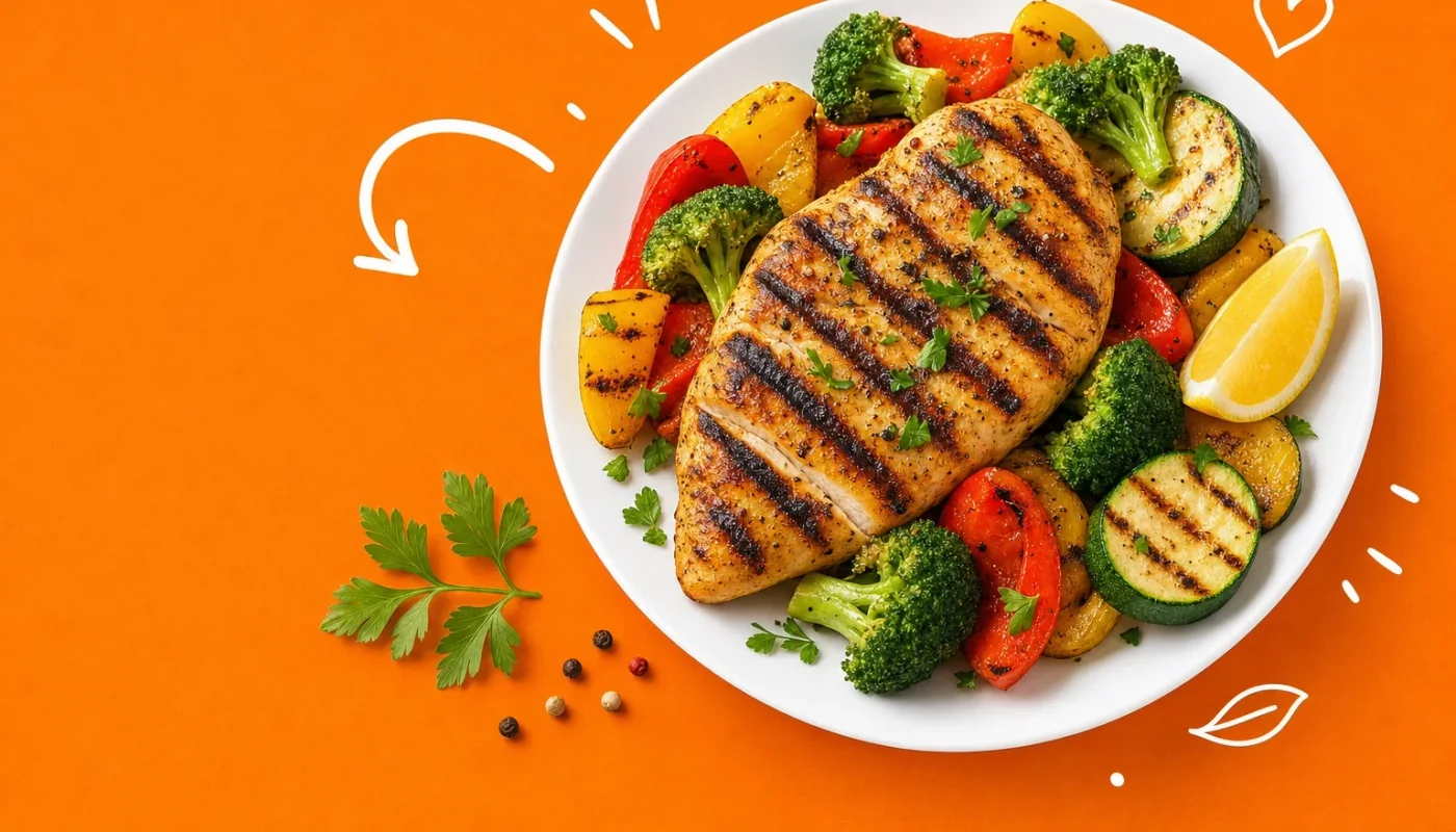 Indian non-veg weight loss meal spread with grilled chicken, fish, and eggs on a plate