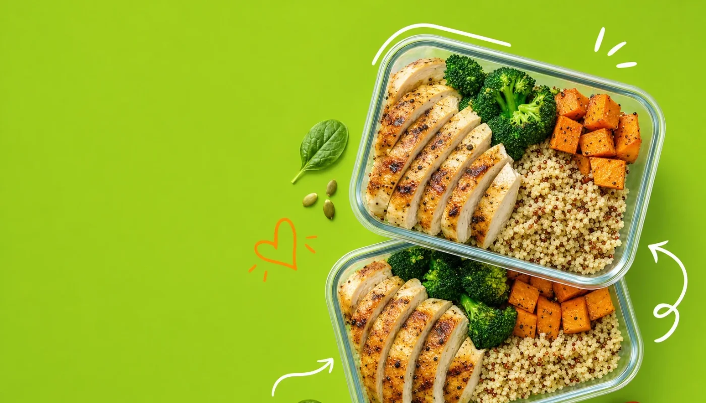Overhead flat-lay of five colorful meal prep containers with chicken, rice, sweet potato, spinach and chickpeas on white marble