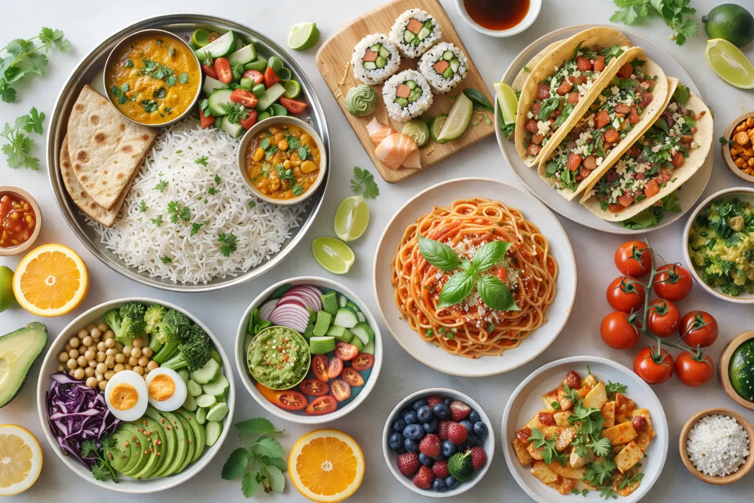 Diverse regional foods from different cuisines including Indian thali, sushi, tacos, and pasta