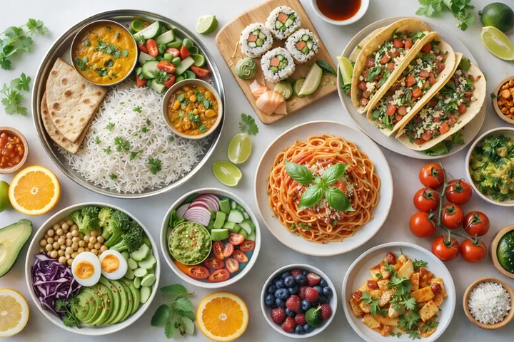 Diverse regional foods from different cuisines including Indian thali, sushi, tacos, and pasta