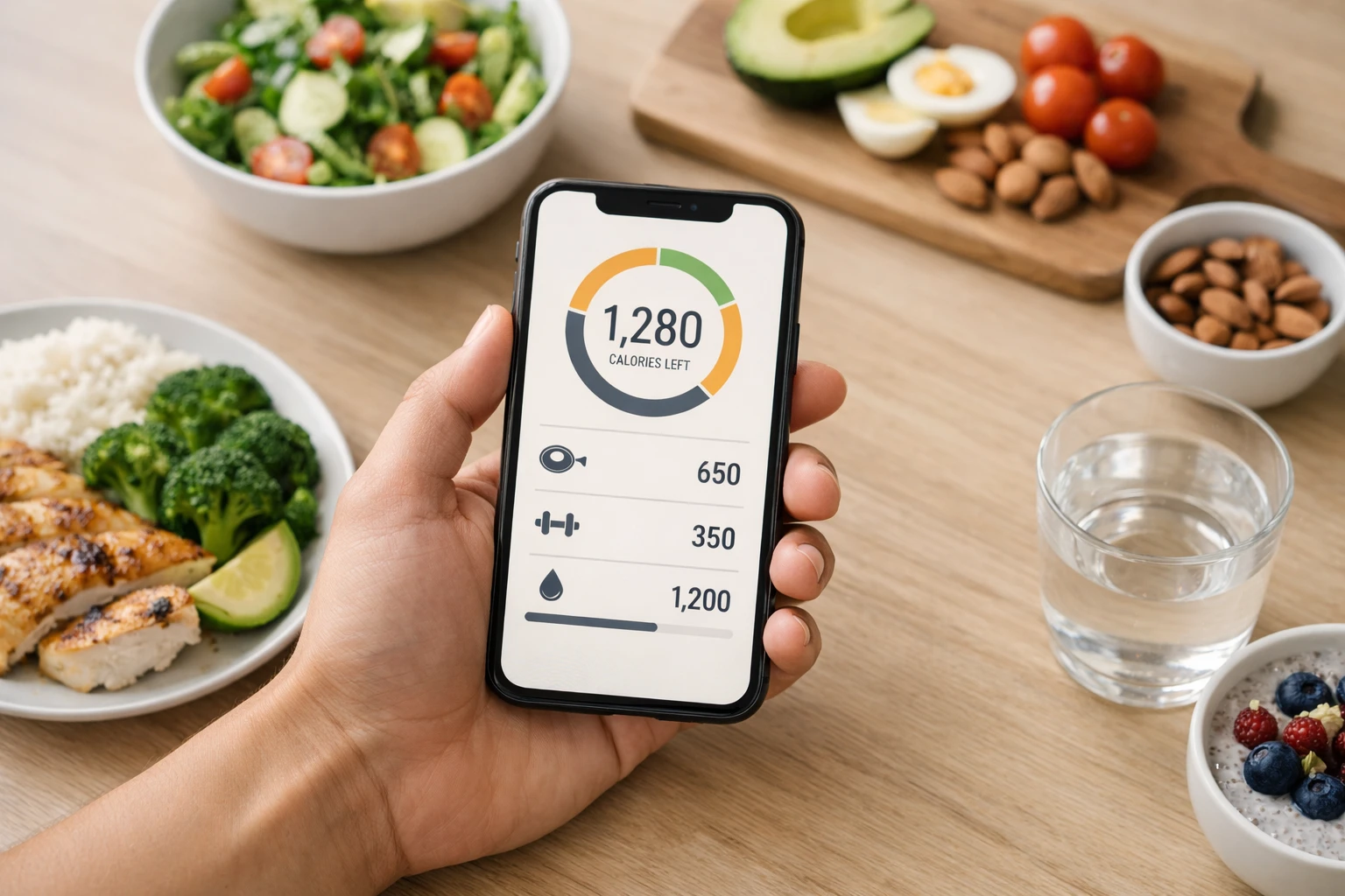 Person using a calorie tracking app on their phone while preparing healthy food