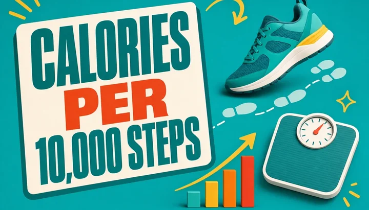 Poster graphic reading CALORIES PER 10,000 STEPS beside a walking shoe, a footprint trail, a bathroom scale and a rising bar chart