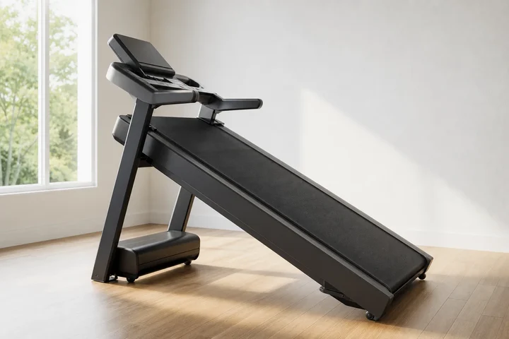 Empty treadmill raised to a steep incline in a bright home gym