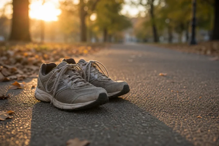 Worn walking shoes on a paved park path at sunrise with autumn leaves along the edge