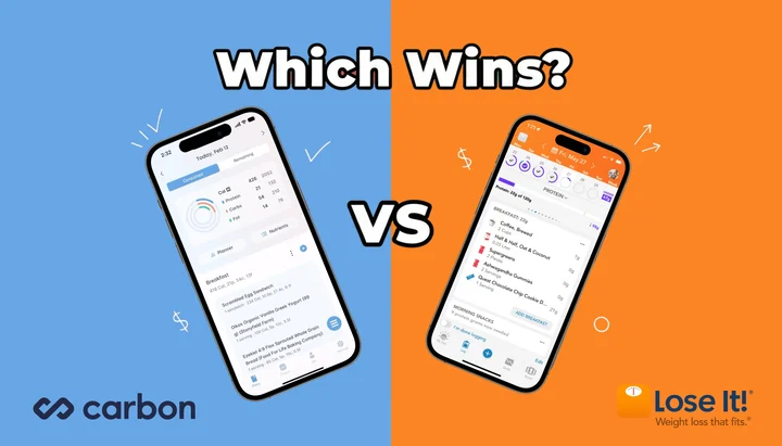 Carbon Diet Coach and Lose It apps compared side by side on smartphones with healthy meal in background