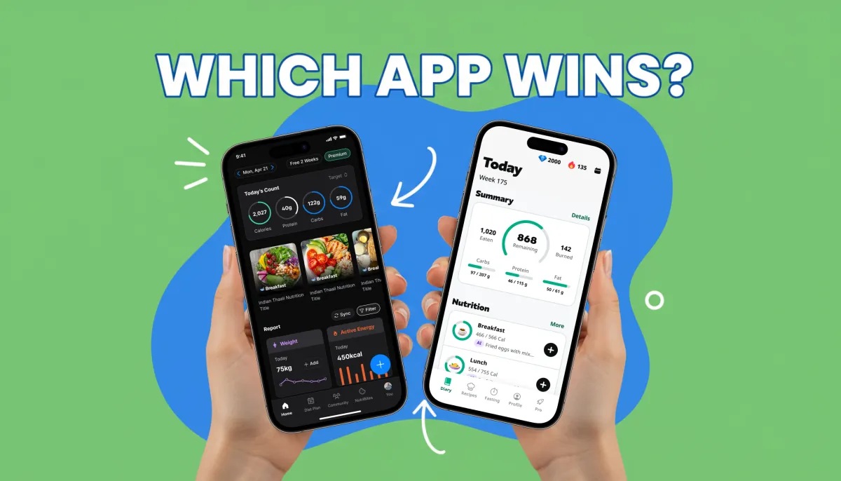 Side-by-side comparison of NutriScan and Yazio nutrition tracking apps on smartphone screens
