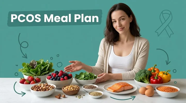 Colorful anti-inflammatory meal spread with salmon, leafy greens, berries, and turmeric spices for PCOS management
