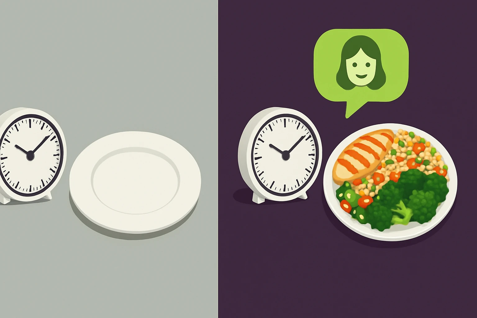 Two panels side by side, a kitchen timer beside an empty plate on the left and the same timer beside a full healthy plate with a friendly coach face in a green speech bubble on the right