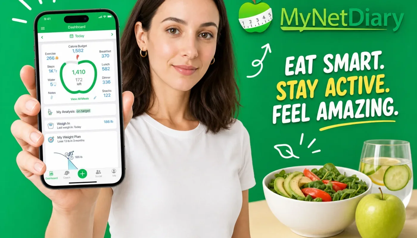 Phone showing a food tracking app scanning a meal, surrounded by app comparison cards representing MyNetDiary alternatives