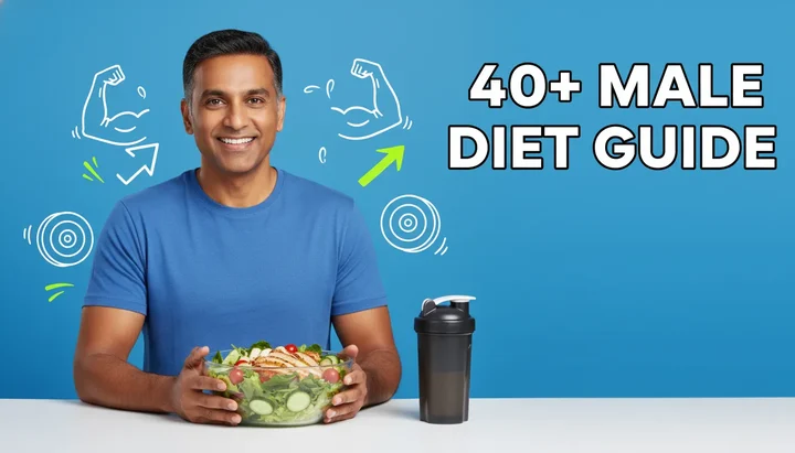 Professional 40-year-old male planning nutritious meals with fresh ingredients, representing science-based diet optimization for men over 40
