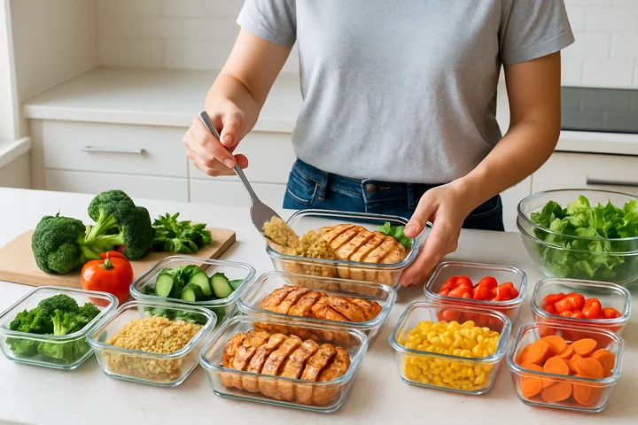 Person meal prepping in kitchen with organized containers and fresh ingredients