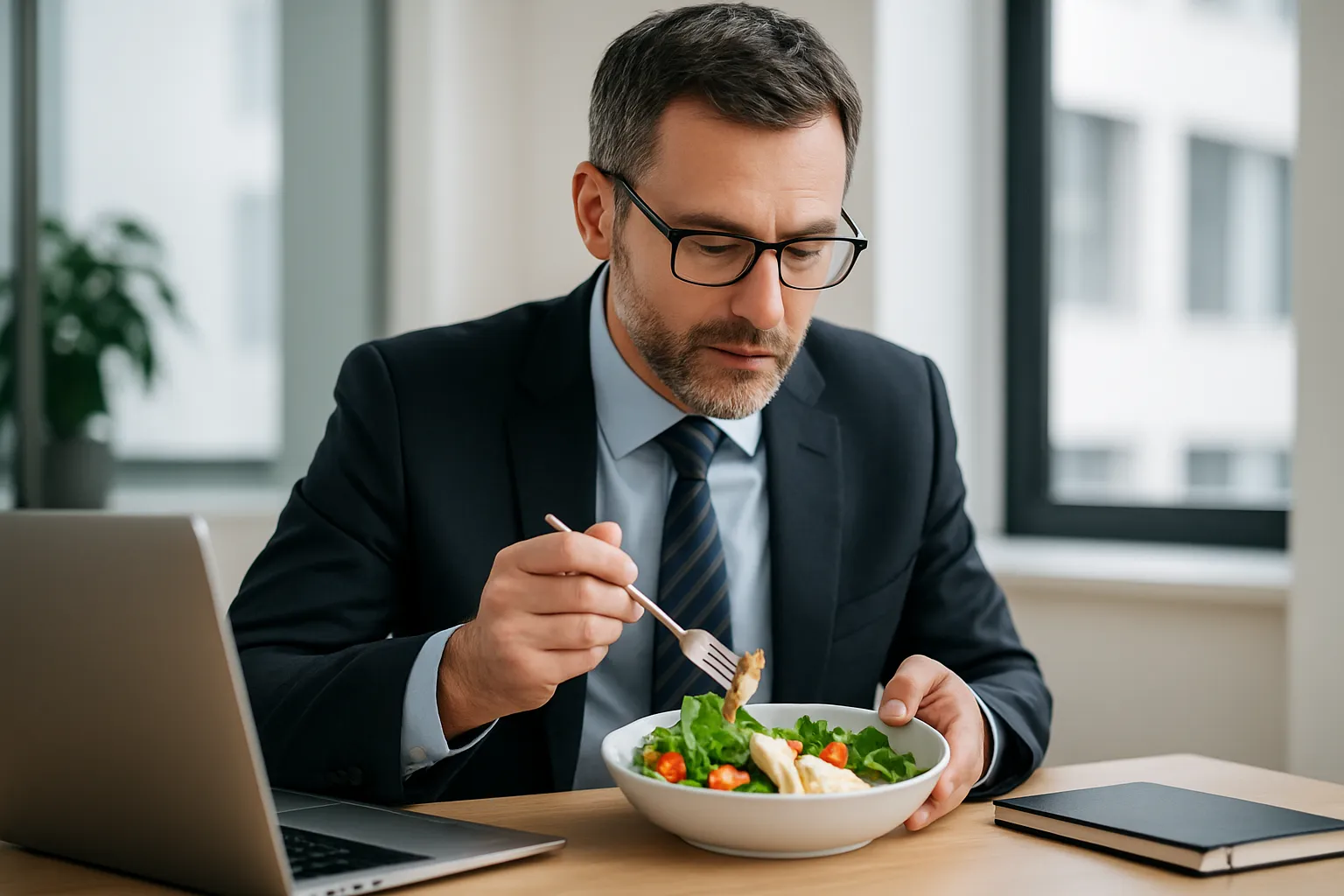 Middle-aged businessman eating healthy meal at office desk, showing real-world nutrition challenges for busy professionals