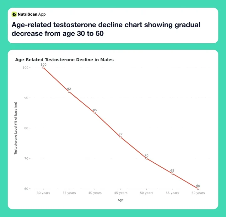 Age-related testosterone decline chart showing gradual decrease from age 30 to 60