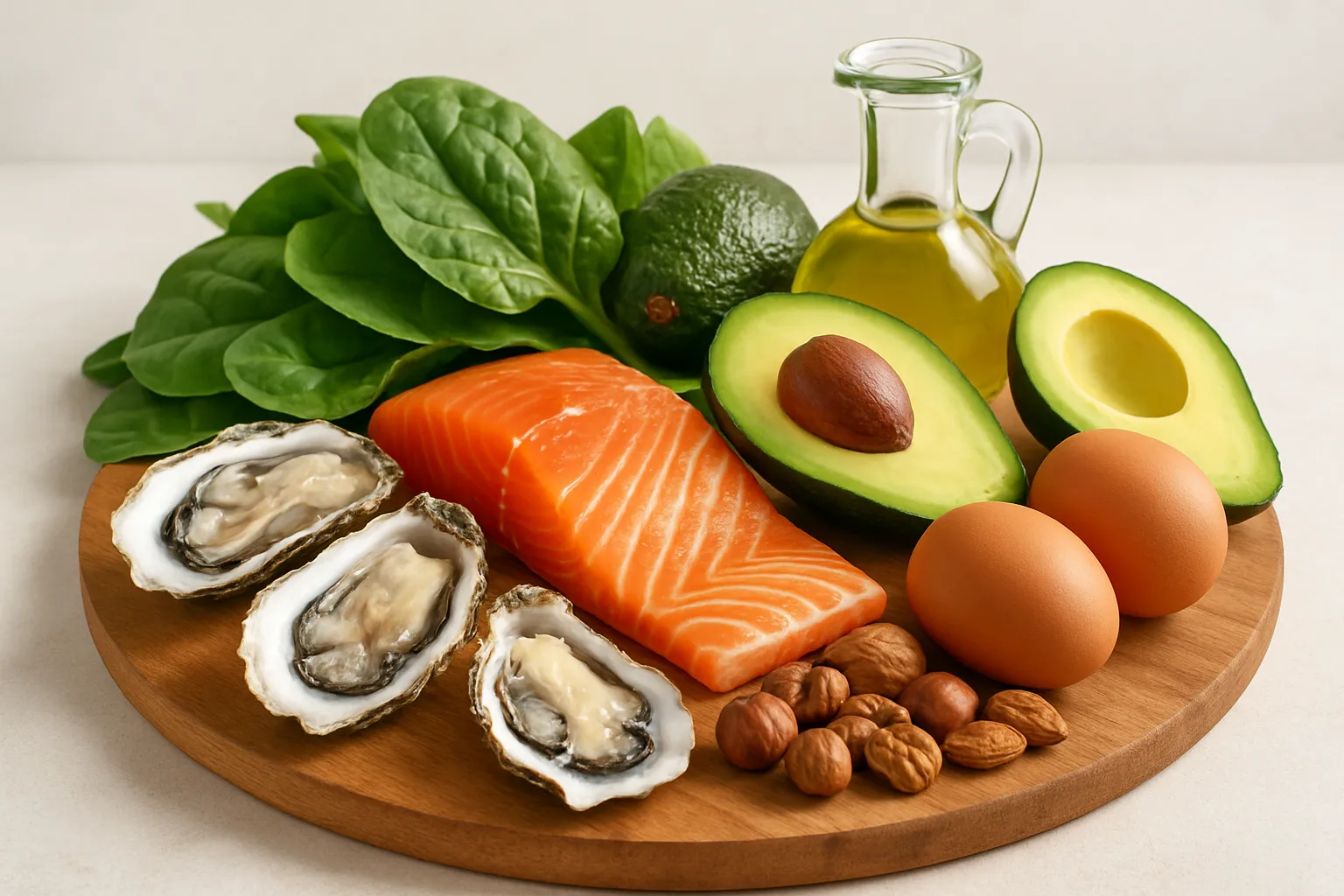 Testosterone-supporting foods arranged beautifully including oysters, salmon, avocados, and olive oil