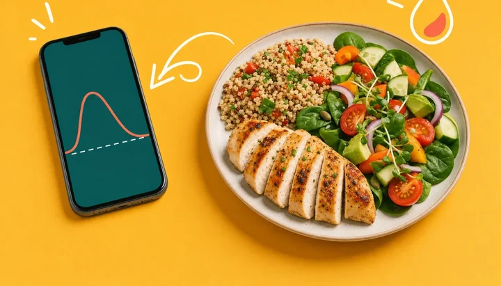 A hand holding a phone showing a glucose curve beside a plate of food on a kitchen counter, the moment a meal gets matched to a spike