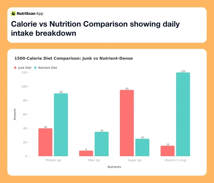 Calorie vs Nutrition Comparison showing daily intake breakdown