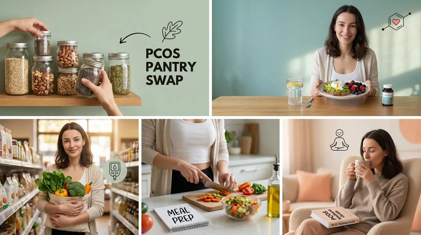 Colorful PCOS-friendly healthy foods including quinoa, leafy greens, berries, salmon, avocados, and nuts arranged on a light marble countertop