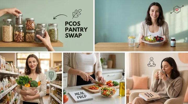 Colorful PCOS-friendly healthy foods including quinoa, leafy greens, berries, salmon, avocados, and nuts arranged on a light marble countertop