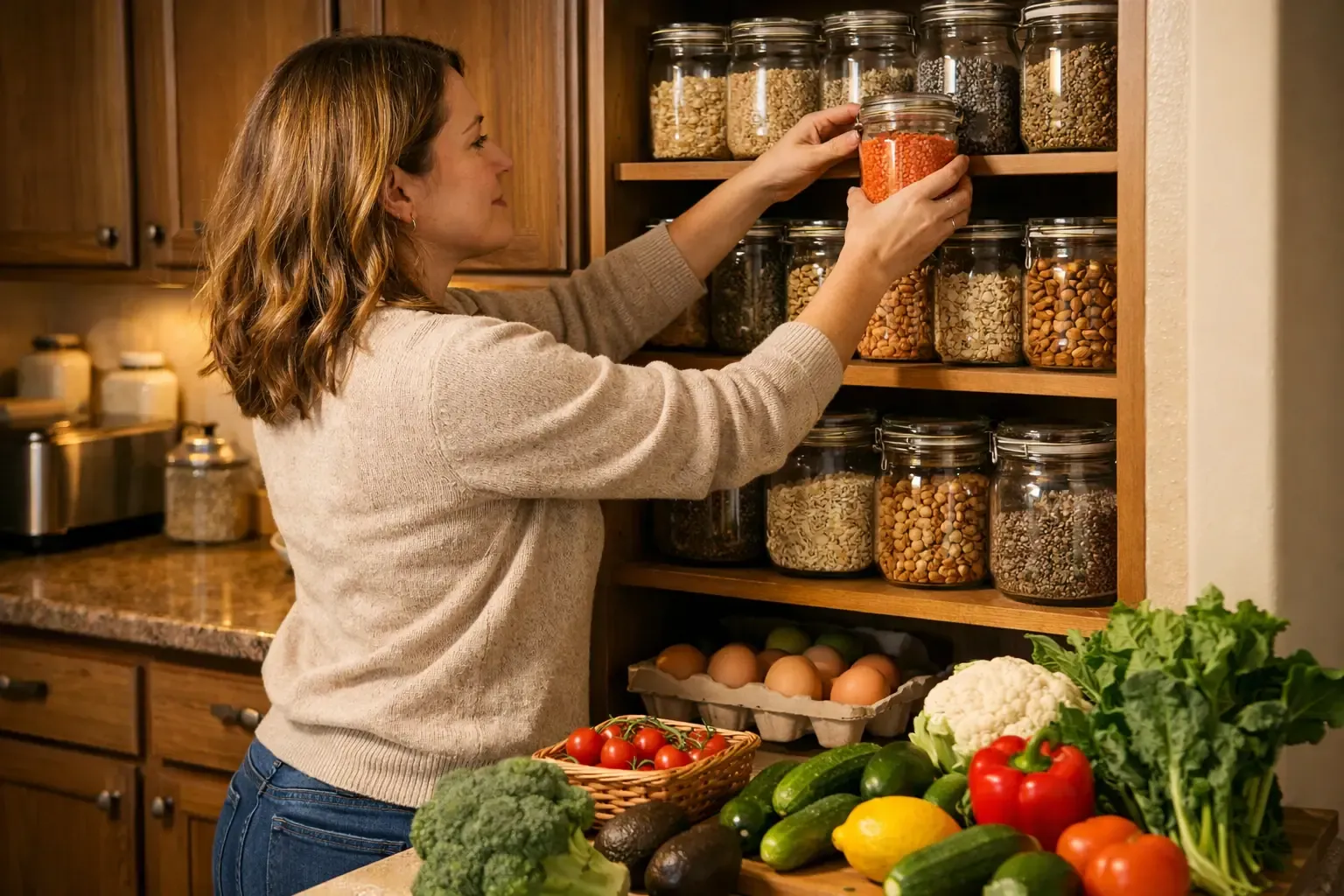 Woman organizing healthy PCOS-friendly groceries in kitchen pantry with glass jars of quinoa, lentils, oats, nuts, and seeds