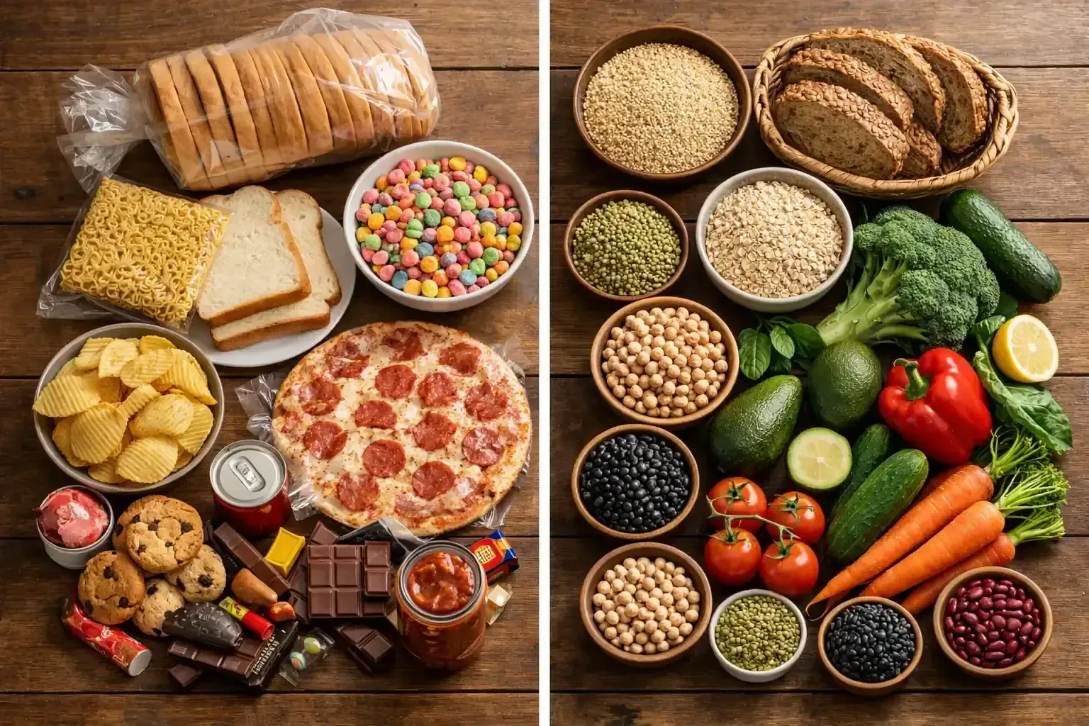 Pantry swap comparison showing processed foods on one side and PCOS-friendly whole foods on the other