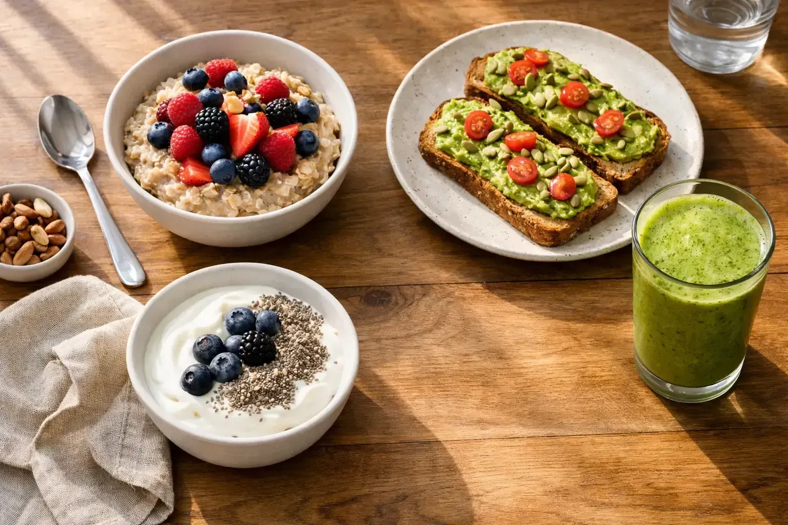 Healthy PCOS breakfast spread with steel-cut oatmeal, whole grain avocado toast, Greek yogurt with chia seeds
