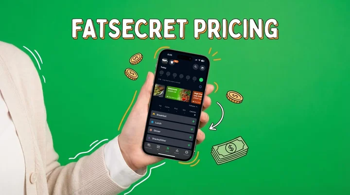 Smartphone showing calorie tracking app pricing on a wooden desk with healthy food