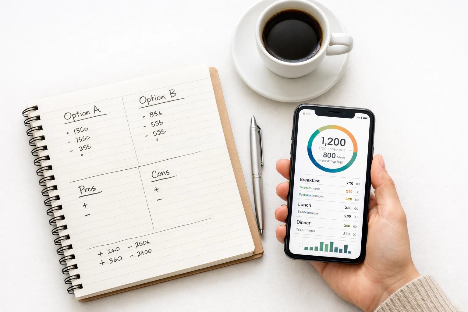 Person comparing pricing options on phone with notes and coffee on desk