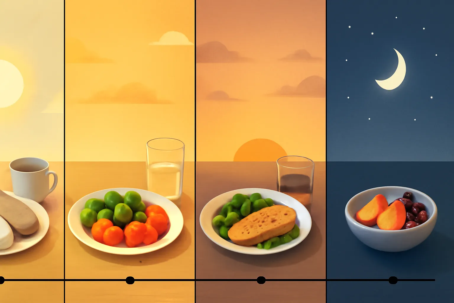 Daily meal timing progression from breakfast through evening snack showing natural lighting transitions